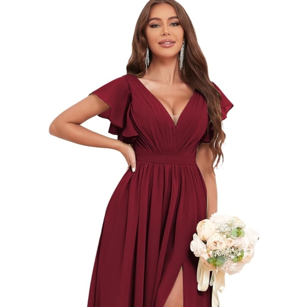 Flutter Sleeve Bridesmaid Dresses for Wedding Chiffon V Neck Pleated Long Formal